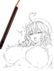 1girl absurdres ahoge beret breasts collarbone flower graphite_(medium) hair_flower hair_ornament hat hatching_(texture) heart heart_ahoge highres hololive huge_breasts long_hair navel no_nipples pointy_ears seo_tatsuya sweat teeth traditional_media upper_teeth_only virtual_youtuber yukihana_lamy