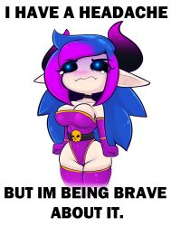 Rule 34 | 1girl, belt, black belt, black choker, black sclera, breasts, choker, cleavage, collarbone, colored sclera, english text, green eyes, green hair, groin, highres, horns, large breasts, long hair, makarimorph, original, pink hair, pink horns, pink thighhighs, pointy ears, pout, simple background, solo, tearing up, thighhighs, wavy mouth, white background