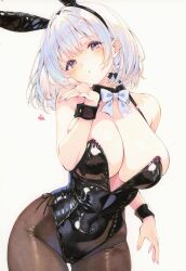 Rule 34 | 1girl, animal ear hairband, animal ears, armpit crease, azur lane, bare arms, bare shoulders, black collar, black ears, black leotard, black wrist cuffs, blowing kiss, blush, bow, bowtie, breasts, brown pantyhose, buttoned cuffs, buttons, cameltoe, center opening, cleavage, collar, covered groin, cowboy shot, detached collar, fake animal ears, fingernails, hairband, head tilt, heart, highleg, highleg leotard, huge breasts, leotard, marker (medium), official alternate costume, pantyhose, playboy bunny, rabbit ears, san jacinto (azur lane), san jacinto (flavor of the day) (azur lane), sharp fingernails, shiny clothes, short hair, simple background, solo, spaghetti strap, thigh gap, thighs, thingtng (sgma7424), traditional media, white background, white bow, white bowtie, white hair, wide hips, wing collar, wrist cuffs