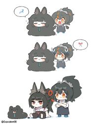 2girls animal_ear_fluff animal_ears apron black_apron blunt_bangs chibi chibi_only crossed_arms cutting_another&#039;s_hair cutting_hair fox_ears fox_girl highres holding holding_scissors hoshimi_miyabi long_hair multiple_girls orange_eyes ponytail red_eyes scissors shirt sima_(exavalon00) sleeping speech_bubble tailless_(zenless_zone_zero) thought_bubble twintails very_long_hair white_shirt zenless_zone_zero zhu_yuan zzz