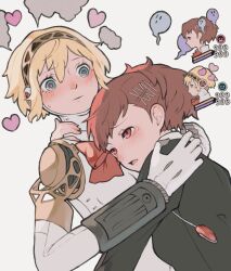 Rule 34 | 2girls, aigis (persona), android, black jacket, blonde hair, blue eyes, blush, bow, bowtie, brown eyes, brown hair, earphones removed, gekkoukan high school uniform, hair ornament, hairclip, head on another&#039;s chest, head steam, health bar, heart, heart-shaped pupils, highres, hug, jacket, joints, long sleeves, multiple girls, nose blush, persona, persona 3, persona 3 portable, red bow, red bowtie, red eyes, robot ears, robot joints, school uniform, shiomi kotone, short hair, sweatdrop, symbol-shaped pupils, tbjj1208, upper body, yuri