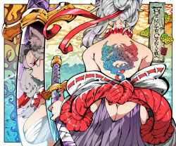 1girl animal_ear_fluff animal_ears ass back back_tattoo bandages bare_shoulders breasts commentary_request from_behind grey_hair hair_bun hair_ribbon holding holding_sword holding_weapon japanese_clothes kafun katana kimono long_hair medium_breasts mountain off_shoulder original red_eyes red_ribbon ribbon sword tattoo weapon