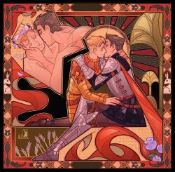 2boys absurdres altorina4 arm_around_neck arm_hair armor belt blonde_hair breastplate brown_belt brown_hair cape closed_mouth commentary english_commentary fish flower gauntlets greaves hand_on_another&#039;s_shoulder hans_capon head_wreath henry_of_skalitz highres kingdom_come:_deliverance_ii knight male_focus multiple_belts multiple_boys multiple_views nude parted_lips pauldrons purple_flower rabbit red_cape short_hair shoulder_armor side_cape sideburns sitting smile white_rabbit_(animal) yaoi