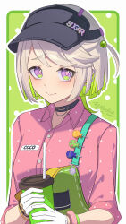 1girl apron black_choker black_visor border breasts chinese_commentary choker closed_mouth coco_(zenless_zone_zero) collared_shirt colored_inner_hair commentary_request cup disposable_coffee_cup disposable_cup drinking_straw ear_piercing gloves green_background green_hair grey_hair highres holding holding_cup looking_at_viewer multicolored_hair name_tag piercing pink_shirt purple_eyes shirt short_hair signature small_breasts smile so_zei_tama_tama solo upper_body visor_cap white_border white_gloves zenless_zone_zero