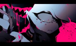 2boys ama0805 angel_dust coat colored_skin crying crying_with_eyes_open demon_boy hazbin_hotel highres multiple_boys pink_coat purple_skin sharp_teeth tears teeth valentino_(hazbin_hotel)