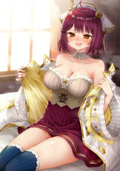 1girl alt_(ctrldel) atelier_(series) atelier_lydie_&amp;_suelle bare_shoulders blue_thighhighs blush breasts brown_corset brown_eyes cleavage commentary_request corset fingernails frilled_thighhighs frills headscarf highres indoors large_breasts off_shoulder open_mouth opened_by_self red_skirt short_hair sitting skindentation skirt smile solo sophie_neuenmuller thighhighs thighs white_headscarf