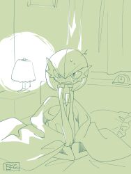 absurdres artist_name bed blush bob_cut curtains gardevoir gen_3_pokemon highres hime_takeo indoors lamp nintendo on_bed pillow pokemon pokemon_(creature) signature sitting sweatdrop