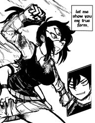 Rule 34 | 1boy, 1girl, andrew graves, black nails, black vest, breasts, crossover, english text, evil smile, extra arms, extra eyes, guguguguh, highres, jujutsu kaisen, made in 2024, mature female, mother and son, parody, ponytail, presumed creation date, renee graves, ryoumen sukuna (jujutsu kaisen), ryoumen sukuna (true form) (jujutsu kaisen), skirt, smile, the coffin of andy and leyley, vest