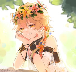 Rule 34 | 1boy, aether (genshin impact), androgynous, blonde hair, braid, braided ponytail, flower, genshin impact, hair flower, hair ornament, hands on own face, head wreath, highres, looking at viewer, male focus, pink flower, sakusakuagetate, smile, solo, twitter username, upper body, yellow eyes, yellow flower