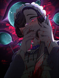 1girl :d absurdres artist_name black_hair black_ribbon blood blood_on_face blood_spray crazy_smile dark_background dated dress eye_trail fjs... flower from_below hair_over_one_eye hand_on_own_face hands_up highres holding holding_knife knife light_trail long_sleeves looking_at_viewer maid maid_headdress neck_flower neck_ribbon one_eye_covered open_mouth purple_dress purple_eyes purple_flower reverse:1999 ribbon short_hair smile solo teeth tuesday_(reverse:1999) upper_body upper_teeth_only