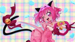 Rule 34 | 1girl, absurdres, anbishake, animal ears, bell, bow, breasts, cat ears, cat tail, choker, cleavage, commentary request, detached sleeves, dress, gloves, highres, korean commentary, magical girl, mew ichigo, momomiya ichigo, one eye closed, open mouth, pink choker, pink eyes, pink hair, puffy detached sleeves, puffy sleeves, short hair, smile, solo, strawbell bell, tail, tail bell, tail bow, tail ornament, tokyo mew mew