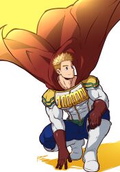 Rule 34 | 1boy, absurdres, artist name, bara, blonde hair, blue eyes, boku no hero academia, boots, cape, closed eyes, gloves, highres, kuroshinki, large pectorals, male focus, muscular, muscular male, pectorals, red cape, red gloves, short hair, simple background, smile, solo, squatting, togata mirio