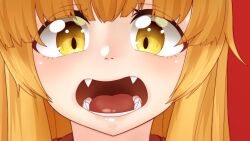 1girl blunt_bangs blush bow commentary_request fangs highres ibuki_suika kurohiba long_hair looking_at_viewer open_mouth orange_hair red_bow sidelocks simple_background solo teeth textless_version tongue touhou upper_body variant_set yellow_eyes