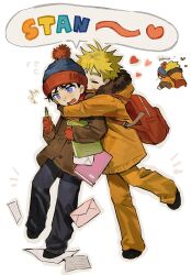 Rule 34 | 2boys, animification, arms around neck, backpack, bag, beanie, black hair, blonde hair, blue eyes, blush, book, chun baii, closed eyes, commentary, envelope, flying sweatdrops, full body, fur-trimmed hood, fur trim, gloves, hashtag-only commentary, hat, highres, holding, holding pencil, hood, hood down, hug, hug from behind, jacket, kenny mccormick, long sleeves, multiple boys, nose blush, open mouth, pants, paper, parka, pencil, pom pom (clothes), pom pom beanie, smile, south park, stan marsh