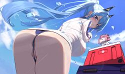 2girls against_glass alternate_costume anus anus_peek ass ass_focus ass_on_glass ass_press blue_eyes blue_hair blush breasts doro_(nikke) double_bun from_behind from_below goddess_of_victory:_nikke hair_bun hama helm_(aqua_marine)_(nikke) helm_(nikke) highres huge_ass large_breasts long_hair looking_at_viewer looking_down multiple_girls official_alternate_costume ponytail pussy_on_glass sideboob smile swimsuit swimsuit_under_clothes thick_thighs thighs very_long_hair