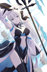 1girl absurdres black_bow black_dress black_thighhighs blue_eyes bow braid breasts center_opening cleavage dress fate/grand_order fate_(series) grey_hair hair_bow half_up_braid highres large_breasts long_hair long_sleeves looking_at_viewer morgan_le_fay_(fate) natu_zame navel pelvic_curtain ponytail sidelocks solo spikes staff stomach_tattoo tattoo thighhighs thighs tiara two-tone_dress very_long_hair white_dress wide_sleeves