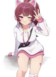 absurdres animal_ear_headphones animal_ears bandaid bandaid_on_leg cat_ear_headphones collarbone fake_animal_ears fanny_pack headphones highres hood hoodie jururu long_sleeves multicolored_hair one_eye_closed oversized_clothes pink_eyes pink_hair ponytail puleudingding shirt streaked_hair virtual_youtuber waktaverse white_shirt