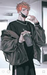 1boy alternate_costume black_jacket black_pants black_shirt blue_eyes busujima_rio_mason chain chain_necklace commentary_request cowboy_shot cup disposable_coffee_cup disposable_cup drawstring drinking_straw ear_piercing fingernails highres holding holding_cup hypnosis_mic jacket jewelry long_sleeves looking_at_viewer male_focus mask mask_pull mouth_mask necklace orange_hair pants piercing pinky_ring pocket ring shirt short_hair solo standing tokeru undercut unzipped watch wristwatch zipper