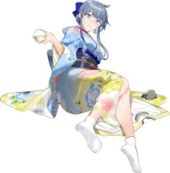 1girl blue_eyes blue_hair blue_kimono drew_(drew213g) feet floral_print floral_print_kimono flower full_body goat gotland_(kancolle) gotland_(new_year)_(kancolle) hair_between_eyes hair_bun hair_flower hair_ornament japanese_clothes kantai_collection kimono knees_together_feet_apart long_sleeves looking_at_viewer mole mole_under_eye new_year no_shoes official_art print_kimono soles solo tabi toes transparent_background white_kimono