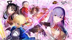 1boy 4girls absurdres ahoge animal_ears archer_(fate) armor artist_request artoria_pendragon_(fate) bell black_hair blonde_hair blue_dress blue_eyes braid breastplate breasts brown_hair brown_skirt brown_vest cat_ears cat_girl collared_shirt commentary crown_braid dress english_commentary fate/stay_night fate_(series) flat_chest full_body green_eyes hair_bell hair_bun hair_ornament hair_ribbon heaven&#039;s_feel highres holding holding_mahjong_tile ichihime japanese_clothes jingle_bell kimono lace-trimmed_sleeves lace_trim large_breasts long_hair long_sleeves looking_at_viewer mahjong mahjong_soul mahjong_tile matou_sakura medium_breasts multiple_girls obi official_art open_mouth pink_background pink_kimono purple_eyes purple_hair red_eyes red_ribbon red_sash ribbon saber_(fate) sash shirt short_hair single_hair_bun skirt smile socks tohsaka_rin two_side_up upper_body vest white_hair white_shirt white_socks wide_sleeves