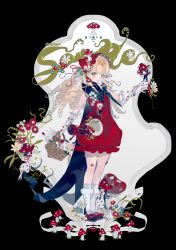 1girl black_background black_cape blonde_hair cape commission dress full_body gillannn gloves green_eyes highres light_blush looking_at_viewer mushroom open_mouth original red_dress red_shoes shoes socks solo twitter_username white_gloves white_socks