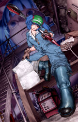 1girl blue_eyes blue_hair blueprint_(object) boots brown_gloves commentary_request commission envenomist_(gengoroumaru) flat_cap gloves green_hat hair_bobbles hair_ornament hat highres indoors kawashiro_nitori key pocket robot rubber_boots short_hair short_sleeves skeb_commission stairs touhou two_side_up