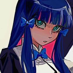 1girl aegyo_sal aqua_eyes black_dress blue_bow blue_bowtie blue_hair blunt_bangs bow bowtie colored_inner_hair dress eyelashes grey_background hair_bow hashtag-only_commentary head_tilt lips looking_at_viewer multicolored_hair panty_&amp;_stocking_with_garterbelt parted_lips pink_hair portrait qianjibahe ringed_eyes sidelocks simple_background solo stocking_(psg) straight_hair streaked_hair two-tone_hair