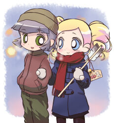 Rule 34 | 2girls, arrow (projectile), bell, black hair, black pantyhose, black skirt, blonde hair, blue coat, blue eyes, blush, breath, brown hat, cartoon network, coat, drill hair, gloves, goutokuji miyako, green eyes, green pants, hands in pockets, happy new year, hat, holding, holding another&#039;s arm, holding arrow, jacket, jingle bell, k-nattoh, long hair, long sleeves, looking at another, matsubara kaoru, mittens, multiple girls, new year, open mouth, pants, pantyhose, pom pom (clothes), powerpuff girls, powerpuff girls z, red jacket, red scarf, scarf, short hair, skirt, sky, smile, standing, twin drills, white gloves, white mittens, yuri