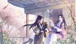 Rule 34 | 1boy, 1girl, architecture, bird, black hair, chinese clothes, commission, east asian architecture, flower, hair ribbon, highres, jewelry, jiang yanli, long hair, looking at animal, modao zushi, necklace, outdoors, ponytail, purple eyes, red ribbon, ribbon, ruohua, sitting, tree, wei wuxian