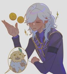 1boy black_coat cane ceniwen coat collared_coat cyno_(genshin_impact) cyno_(resplendent_feast)_(genshin_impact) earrings genshin_impact gold_earrings hair_over_one_eye hand_up highres holding holding_cane jewelry kaveh_(genshin_impact) low_ponytail one_eye_closed open_mouth ponytail purple_sash purple_undershirt sash shirt spotlight tan turtleneck turtleneck_shirt