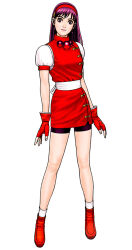 1girl asamiya_athena dress earrings female_focus gloves hairband jewelry long_hair mori_toshiaki pale_skin purple_eyes purple_hair shoes socks star_(symbol) the_king_of_fighters