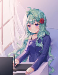 1girl ad ahoge bad_id bad_twitter_id bare_shoulders blush breasts closed_mouth curtains day drawing drawing_tablet flower flower_request green_hair hair_flower hair_ornament hayan highres holding holding_stylus indoors long_hair medium_breasts original purple_eyes purple_shirt red_flower shirt sitting smile solo stylus upper_body very_long_hair window