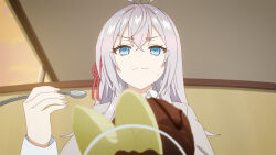 1girl ahoge alisa_mikhailovna_kujou anime_screenshot closed_mouth collared_shirt crossed_bangs food grey_hair grey_jacket hair_between_eyes hair_ribbon holding holding_spoon ice_cream indoors jacket long_hair looking_at_food looking_at_viewer official_art red_ribbon ribbon school_uniform seiren_academy_school_uniform shirt small_sweatdrop smile solo spoon tokidoki_bosotto_roshia-go_de_dereru_tonari_no_alya-san white_shirt wing_collar