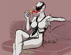 1girl alien animal_print anti-venom arm_spikes artist_name black_bodysuit black_skin bodysuit breasts character_name claws colored_skin commentary couch crossed_legs dated english_commentary english_text fangs feet_out_of_frame food genderswap genderswap_(mtf) heart holding holding_food holding_popsicle licking living_clothes long_tongue marvel medium_breasts melting_popsicle monster_girl multicolored_bodysuit multicolored_skin on_couch patreon_username patterned_skin popsicle prehensile_tongue print_bodysuit red_background red_eyes science_fiction sharp_teeth she-venom sitting sketch skin_fangs slime_girl smutbase solo spider-man_(series) spider_print superhero_costume symbiote teeth tongue tongue_out two-tone_bodysuit two-tone_skin very_long_tongue white_bodysuit white_skin