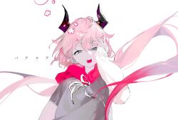 1other alternate_costume arm_at_side buglug_(vocaloid) commentary_request drawstring flower_symbol gradient_hair grey_eyes grey_hoodie half-closed_eyes hand_on_own_face hand_up highres hood hoodie horns long_hair looking_at_viewer low_twintails meika_hime multicolored_hair open_mouth pink_hair pink_hoodie simple_background solo song_name thick_eyebrows tied_drawstring translation_request twintails upper_body very_long_hair vocaloid white_background yyb