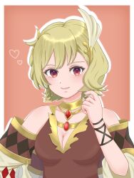 Rule 34 | 1girl, bare shoulders, blonde hair, breasts, brown dress, citrinne (fire emblem), cleavage, dress, earrings, feathers, fire emblem, fire emblem engage, gold choker, gold trim, hair ornament, highres, hoop earrings, jewelry, leather wrist straps, looking at viewer, medium breasts, mismatched earrings, nintendo, red eyes, ro061yy, smile, solo, upper body, wing hair ornament