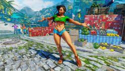2girls 3boys 3d alternate_costume bare_legs breasts capcom city crop_top crop_top_overhang full_body highres large_breasts laura_matsuda legs long_hair multiple_boys multiple_girls no_bra official_art outdoors screencap short_shorts shorts sky street_fighter street_fighter_v thong underboob