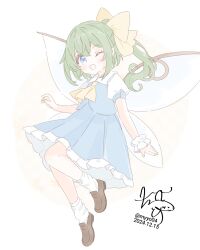 1girl ascot blue_dress blue_eyes bow brown_shoes chame_(myyo04) daiyousei dated dot_nose dress fairy fairy_wings frilled_dress frills full_body green_hair hair_bow loafers looking_at_viewer medium_hair one_eye_closed open_mouth ponytail shoes sidelocks signature simple_background single_wrist_cuff smile socks solo touhou white_background white_socks white_wrist_cuffs wings wrist_cuffs yellow_ascot yellow_bow