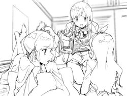 3girls aikatsu! aikatsu!_(series) bad_id bad_twitter_id crossed_ankles greyscale holding holding_magazine hoshimiya_ichigo image_sample inactive_account indoors kiriya_aoi long_hair looking_at_another looking_back lying magazine_(object) monochrome multiple_girls on_stomach open_magazine open_mouth school_uniform shibuki_ran soleil_(aikatsu!) starlight_academy_school_uniform suiso_(owp) the_pose twitter_sample