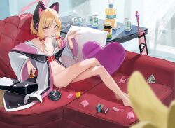 1girl :o absurdres alcohol animal_ear_headphones animal_ears ashtray bags_under_eyes bare_shoulders barefoot battle_rifle beer beer_can between_fingers blonde_hair blue_archive blunt_bangs blurry blurry_foreground blush bottomless bow breasts buttons can cat_ear_headphones cat_ears cigarette cigarette_pack collarbone collared_shirt commentary condom condom_wrapper controller couch crossed_legs cup cushion drink drink_can drinking_glass drooling fake_animal_ears full_body game_console game_controller gun h&amp;k_g3 hair_bow halo headphones heart heart-shaped_pillow highres holding holding_cigarette holding_cup holding_drink indoors jacket jar knees_up legs lighter lizard0221 loli long_sleeves low-tied_sidelocks mahjong medium_hair momoi_(blue_archive) multicolored_jacket naked_jacket naked_shirt navel nipples no_bra off_shoulder on_couch open_clothes open_jacket open_mouth open_shirt parted_bangs pill pillow pink_halo pink_jacket playstation_5 playstation_controller pussy_juice red_bow red_eyes remote_control_vibrator rifle rolling_eyes sex_toy shirt sidelocks sitting small_breasts smoke smoke_from_mouth smoke_trail smoking solo stomach sweat syringe table two-sided_fabric two-sided_jacket used_condom v-shaped_eyebrows vibrator weapon white_jacket white_shirt wide_sleeves