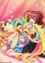 Rule 34 | 2girls, absurdres, bare legs, barefoot, bell, blazblue, blonde hair, brown eyes, brown hair, celica a. mercury, character doll, feet, green eyes, hair ribbon, hairband, heart, heart-shaped pupils, highres, jubei (blazblue), long hair, miniskirt, multiple girls, non-web source, official art, open mouth, platinum the trinity, pleated skirt, ponytail, ribbon, skirt, sleeveless, symbol-shaped pupils