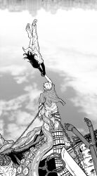 Rule 34 | 1boy, 1girl, assault rifle, chain, chainsaw man, city, denji (chainsaw man), elbow gloves, gloves, greyscale, gun, highres, holding hands, intestines, long hair, mitaka asa, monochrome, outdoors, pants, raggumba, rifle, shirt, short hair, tentacles, weapon