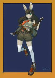 1girl :3 animal_ears animal_nose anklet bandolier bare_shoulders belt belt_buckle black_gloves black_hair breasts brown_jacket buckle carrot closed_mouth collared_shirt commentary crop_top crop_top_overhang cropped_shirt curled_fingers fingerless_gloves full_body furry furry_female gfox40400 gloves green_eyes grey_jacket grey_shoes grey_shorts hair_between_eyes high_tops highleg highleg_leotard highres jacket jewelry leotard leotard_under_clothes light_blush long_hair long_sleeves looking_at_viewer medium_breasts multicolored_jacket necktie open_clothes open_jacket orange_necktie original rabbit_ears rabbit_girl shirt shoes shorts sleeve_rolled_up sleeveless sleeveless_shirt snap-fit_buckle sneakers snout solo standing standing_on_one_leg symbol-only_commentary thighhighs timestamp two-tone_jacket white_fur white_leotard white_shirt white_thighhighs zettai_ryouiki