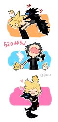 3boys :3 anger_vein animal animal_on_head animalization aries20770321 bird bird_on_head black_gloves black_hair black_jacket black_vest blonde_hair blue_eyes cat chibi chibi_only chocobo cloud_strife final_fantasy final_fantasy_vii final_fantasy_vii_advent_children final_fantasy_xv fingerless_gloves freckles furrowed_brow gloves highres holding holding_animal holding_cat hug in-franchise_crossover jacket male_focus multiple_boys multiple_views noctis_lucis_caelum on_head open_mouth pecking popped_collar prompto_argentum scratching short_hair short_sleeves single_fingerless_glove spiked_hair tears twitter_username upper_body vest