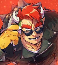 1boy adjusting_eyewear arm_up black_jacket bowser bowser_(biker) claws collarbone crew_neck green_hair grin highres horns humanization jacket lapels leather leather_jacket male_focus mario_(series) mario_kart mario_kart_world multicolored_hair nintendo notched_lapels partially_unzipped pointy_ears red_hair sanpaku shirt smile solo spiked_shell spikes sunglasses teeth thick_eyebrows turtle_shell two-tone_hair upper_body white_shirt yowasabimechaoc zipper zipper_pull_tab