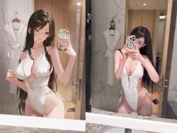 1girl art_vs_artist asian bare_shoulders bathrobe bathroom blush breasts brown_hair casual_one-piece_swimsuit cellphone center_opening collarbone commentary english_commentary fingernails highleg highleg_one-piece_swimsuit highres holding holding_phone indoors large_breasts long_hair mirror_selfie nail_polish one-piece_swimsuit original parted_lips phone purple_eyes real_life rucarachi smartphone smile solo swimsuit very_long_hair white_one-piece_swimsuit