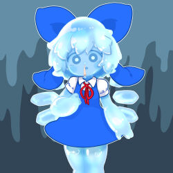 1girl :o absurdres blue_background blue_bow blue_dress blue_eyes blue_hair blue_skin bow cirno collared_shirt colored_skin commentary_request cookie_(touhou) cowboy_shot dress elemental_(creature) hair_bow highres ice ice_wings looking_at_viewer micha_(cookie) muimui_(4242564muimui) neck_ribbon open_mouth pinafore_dress puffy_short_sleeves puffy_sleeves red_ribbon ribbon shirt short_hair short_sleeves sleeveless sleeveless_dress snot solo touhou white_shirt wings
