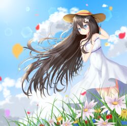 1girl :o absurdres blue_eyes blue_sky brown_hair brown_headwear cloud collarbone cumulonimbus_cloud dress falling_petals field floating_hair flower flower_field gradient_sky hair_between_eyes hair_flower hair_ornament hand_on_own_chest hat highres holding holding_unworn_clothes holding_unworn_hat lens_flare liuliu long_hair looking_to_the_side messy_hair on_grass open_mouth original outdoors petals raised_eyebrows sidelocks sky sleeveless sleeveless_dress spaghetti_strap straw_hat sun sundress sunlight unworn_hat unworn_headwear very_long_hair wavy_hair white_dress