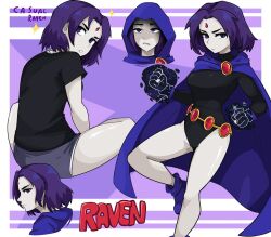 1girl belt black_leotard black_shirt boots breasts cartoon_network cloak colored_skin dashi_(dashiart) dc_comics energy forehead_jewel gem gold_belt grey_shorts grey_skin highres hood hood_up hooded_cloak leotard long_sleeves looking_at_viewer looking_back magic medium_breasts purple_background purple_cloak purple_eyes purple_footwear purple_hair raven_(dc) red_gemstone shirt short_hair short_sleeves shorts sitting sparkle standing superhero_costume teen_titans teeth