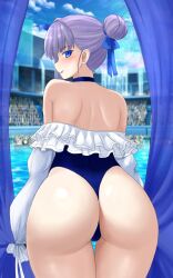 1girl absurdres ass ass_focus bare_shoulders bent_over blue_choker blue_one-piece_swimsuit choker fate/grand_order fate_(series) frilled_one-piece_swimsuit frills from_behind highleg highleg_one-piece_swimsuit highres looking_back meltryllis meltryllis_(fate) meltryllis_(swimsuit_lancer)_(fate) meltryllis_(swimsuit_lancer)_(second_ascension)_(fate) one-piece_swimsuit pool raskasar revision solo strapless strapless_one-piece_swimsuit swimsuit thigh_gap thong_one-piece_swimsuit
